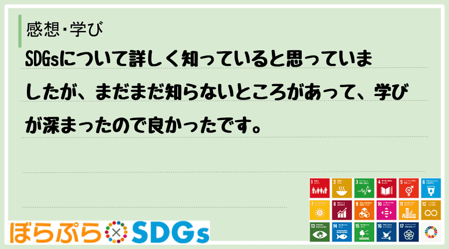 SDGsについて詳しく知っていると思っていましたが、まだまだ知らないところがあって、学びが深ま...