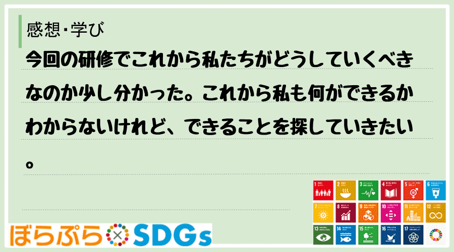 今回の研修でこれから私たちがどうしていくべきなのか少し分かった。これから私も何ができるかわから...