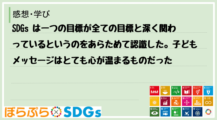 SDGs は一つの目標が全ての目標と深く関わっているというのをあらためて認識した。子どもメッセ...