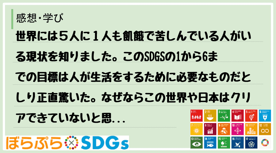 世界には５人に１人も飢餓で苦しんでいる人がいる現状を知りました。このSDGSの1から6までの目...