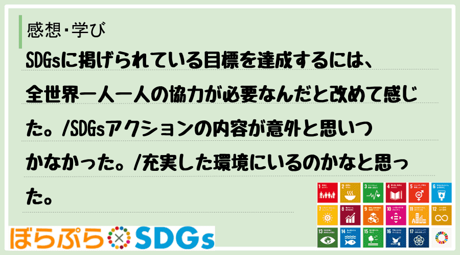 SDGsに掲げられている目標を達成するには、全世界一人一人の協力が必要なんだと改めて感じた。
...