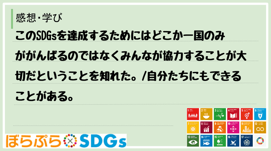 このSDGsを達成するためにはどこか一国のみががんばるのではなくみんなが協力することが大切だと...