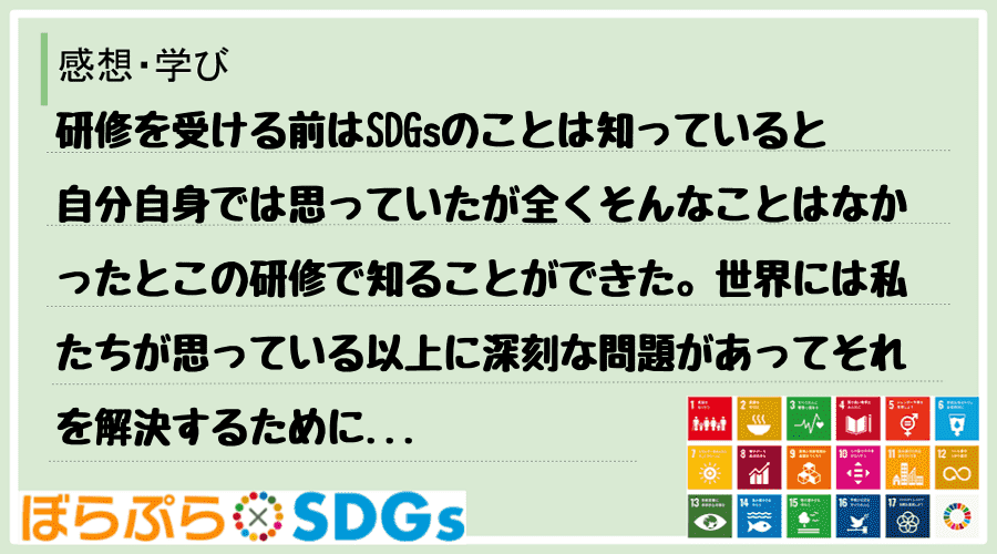 研修を受ける前はSDGsのことは知っていると自分自身では思っていたが全くそんなことはなかったと...