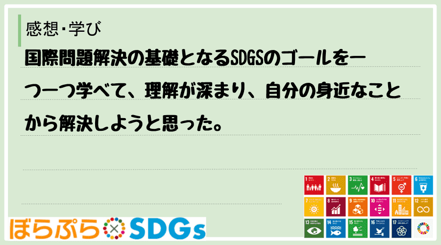 国際問題解決の基礎となるSDGSのゴールを一つ一つ学べて、理解が深まり、自分の身近なことから解...