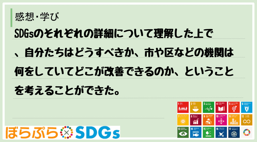 SDGsのそれぞれの詳細について理解した上で、自分たちはどうすべきか、市や区などの機関は何をし...