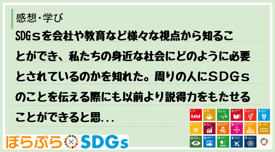 SDGｓを会社や教育など様々な視点から知ることができ、私たちの身近な社会にどのように必要とされ...