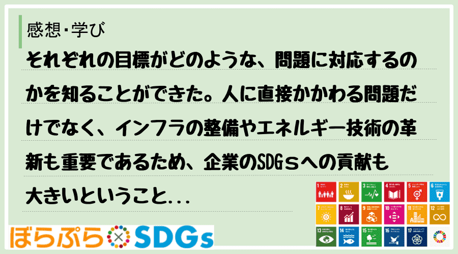 それぞれの目標がどのような、問題に対応するのかを知ることができた。人に直接かかわる問題だけでな...