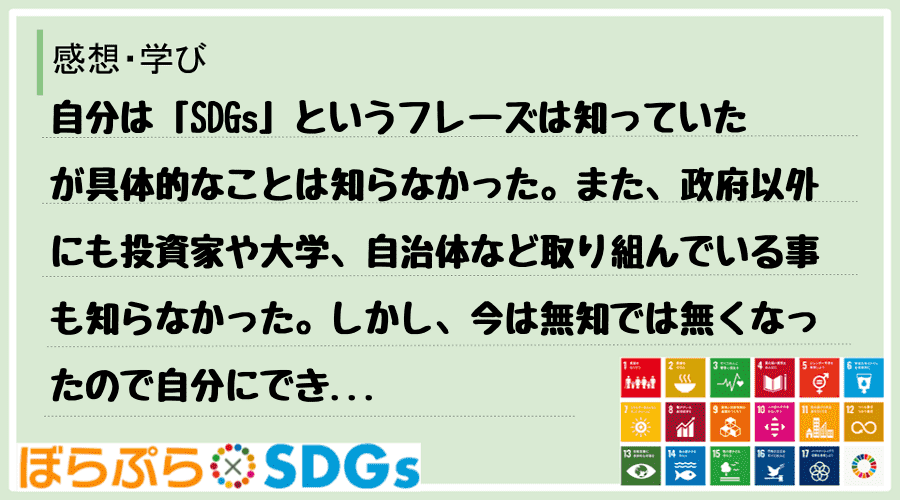 自分は「SDGs」というフレーズは知っていたが具体的なことは知らなかった。また、政府以外にも投...