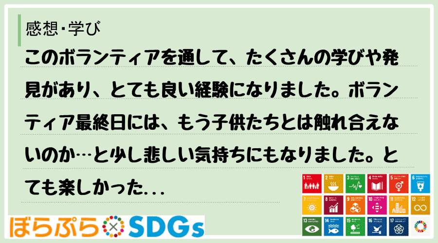 このボランティアを通して、たくさんの学びや発見があり、とても良い経験になりました。ボランティア...