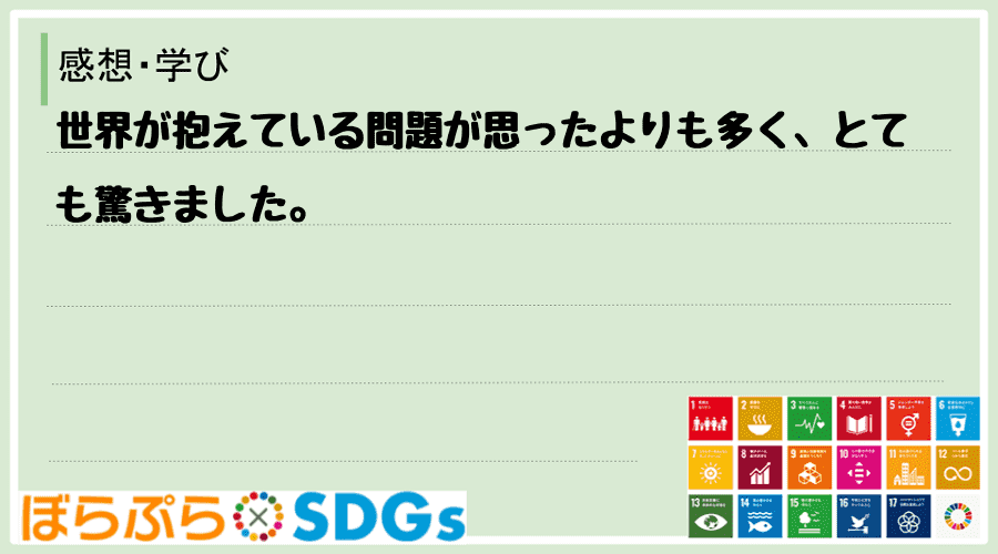 世界が抱えている問題が思ったよりも多く、とても驚きました。