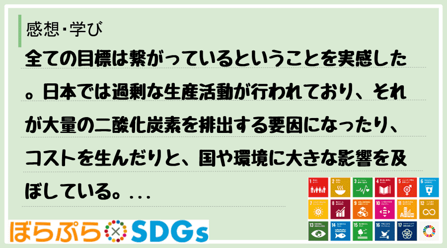 全ての目標は繋がっているということを実感した。日本では過剰な生産活動が行われており、それが大量...