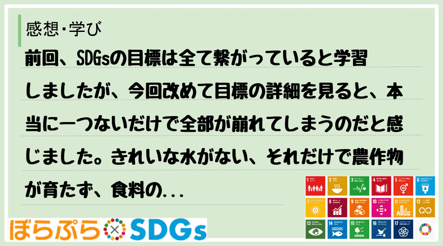 前回、SDGsの目標は全て繋がっていると学習しましたが、今回改めて目標の詳細を見ると、本当に一...