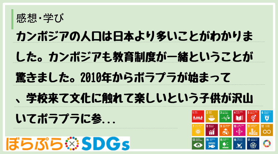 カンボジアの人口は日本より多いことがわかりました。カンボジアも教育制度が一緒ということが驚きま...