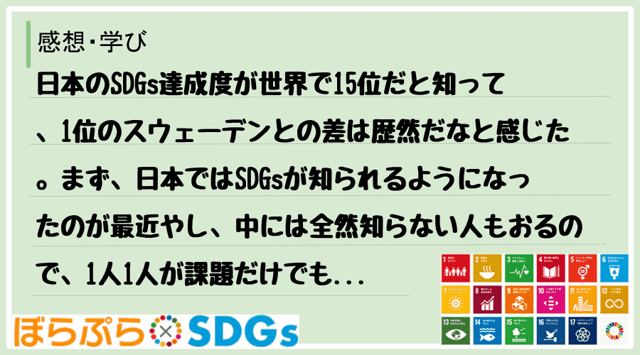 日本のSDGs達成度が世界で15位だと知って、1位のスウェーデンとの差は歴然だなと感じた。まず...