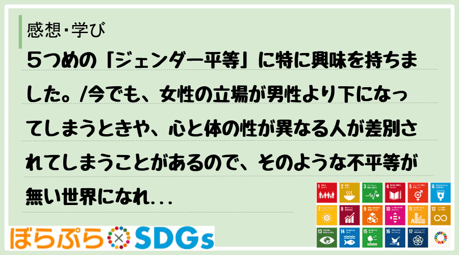 ５つめの「ジェンダー平等」に特に興味を持ちました。
今でも、女性の立場が男性より下になってし...