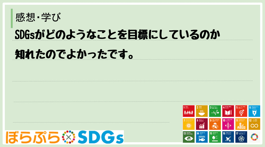 SDGsがどのようなことを目標にしているのか知れたのでよかったです。