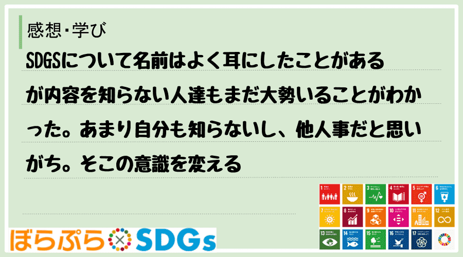 SDGSについて名前はよく耳にしたことがあるが内容を知らない人達もまだ大勢いることがわかった。...