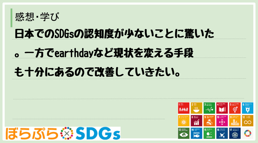 日本でのSDGsの認知度が少ないことに驚いた。一方でearthdayなど現状を変える手段も十分...