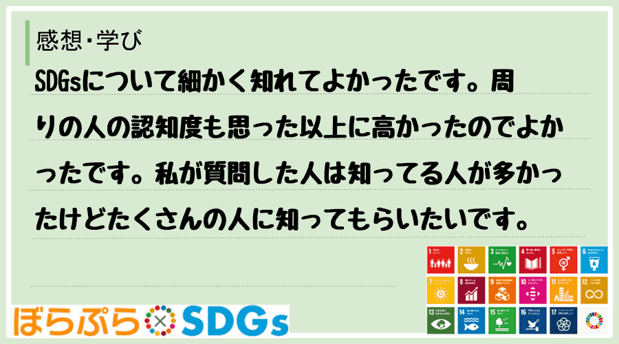 SDGsについて細かく知れてよかったです。周りの人の認知度も思った以上に高かったのでよかったで...