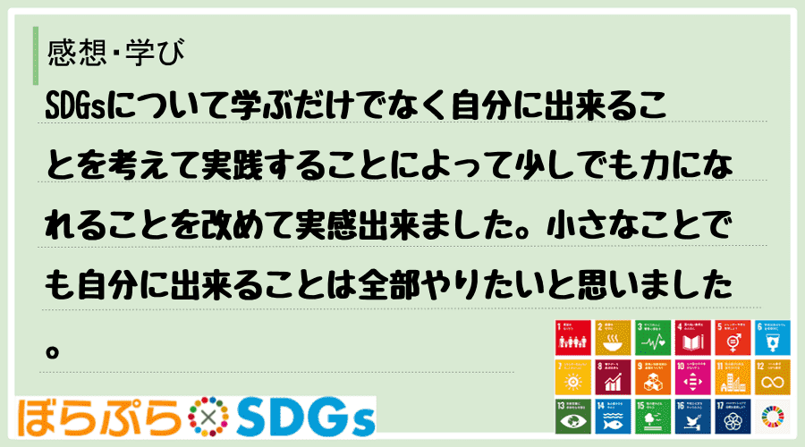 SDGsについて学ぶだけでなく自分に出来ることを考えて実践することによって少しでも力になれるこ...