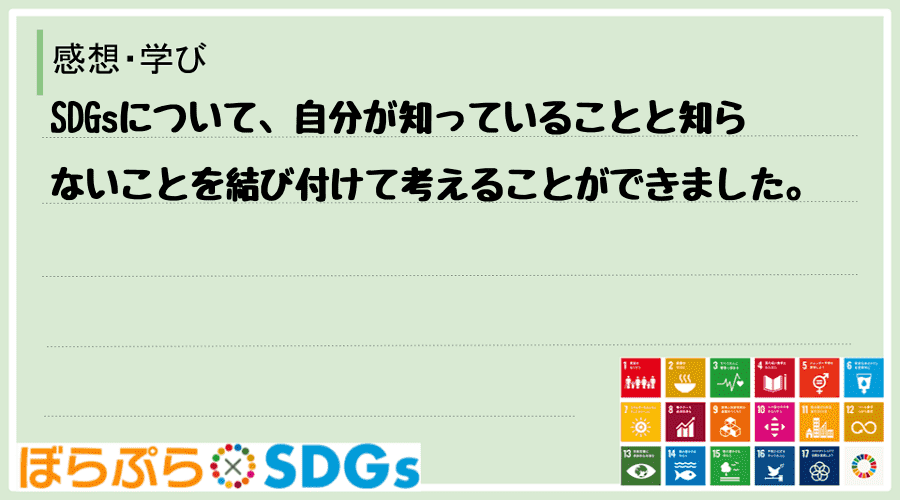 SDGsについて、自分が知っていることと知らないことを結び付けて考えることができました。