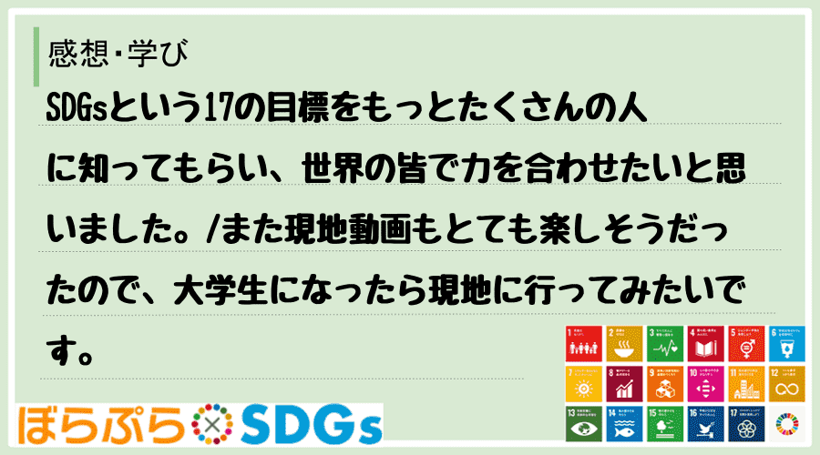 SDGsという17の目標をもっとたくさんの人に知ってもらい、世界の皆で力を合わせたいと思いまし...