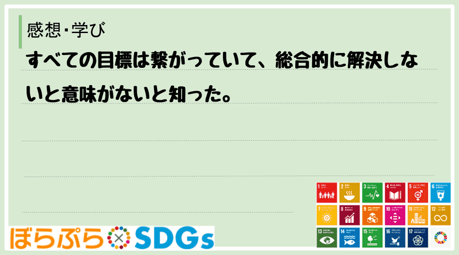 すべての目標は繋がっていて、総合的に解決しないと意味がないと知った。