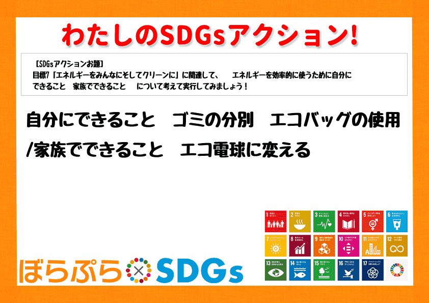 自分にできること　ゴミの分別　エコバッグの使用
家族でできること　エコ電球に変える