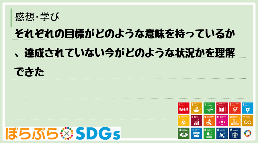 それぞれの目標がどのような意味を持っているか、達成されていない今がどのような状況かを理解できた