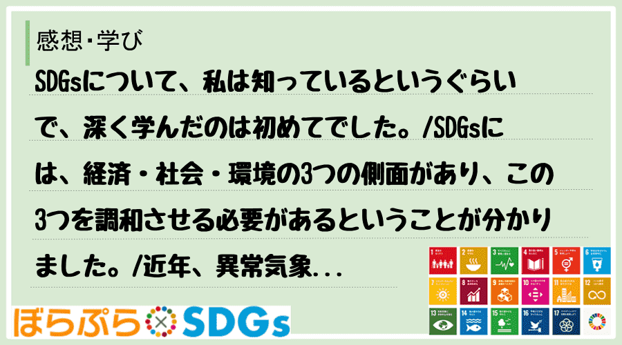 SDGsについて、私は知っているというぐらいで、深く学んだのは初めてでした。
SDGsには、...