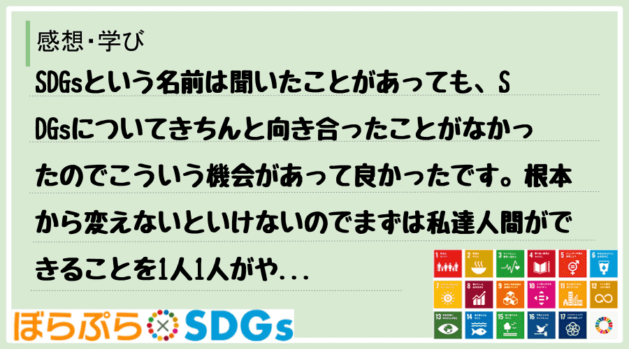 SDGsという名前は聞いたことがあっても、SDGsについてきちんと向き合ったことがなかったので...