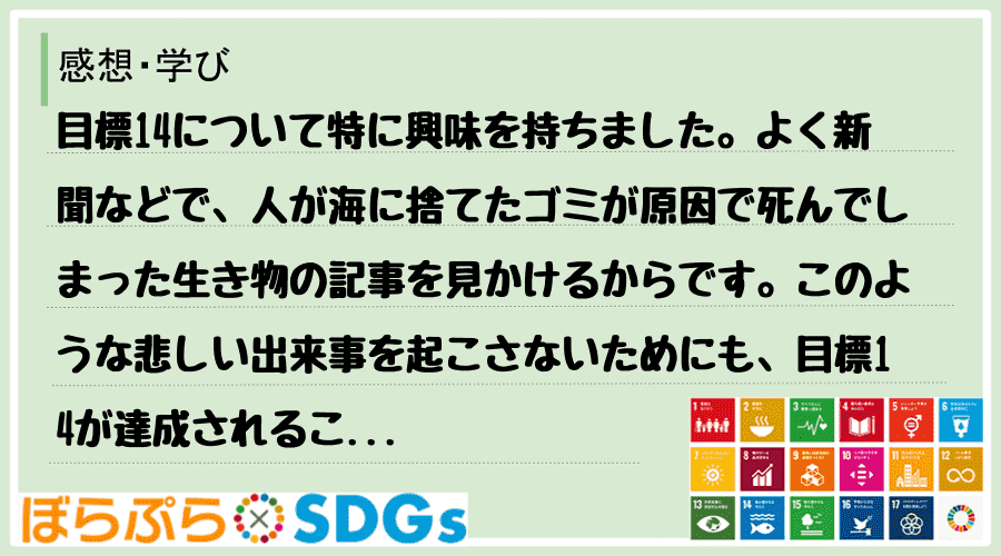 目標14について特に興味を持ちました。よく新聞などで、人が海に捨てたゴミが原因で死んでしまった...