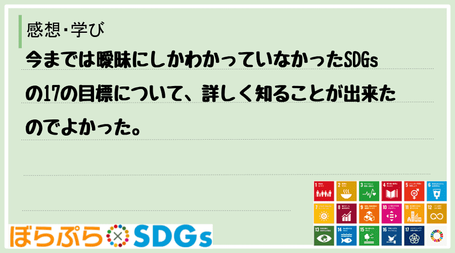 今までは曖昧にしかわかっていなかったSDGsの17の目標について、詳しく知ることが出来たのでよ...