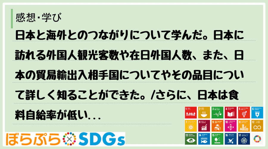 日本と海外とのつながりについて学んだ。日本に訪れる外国人観光客数や在日外国人数、また、日本の貿...