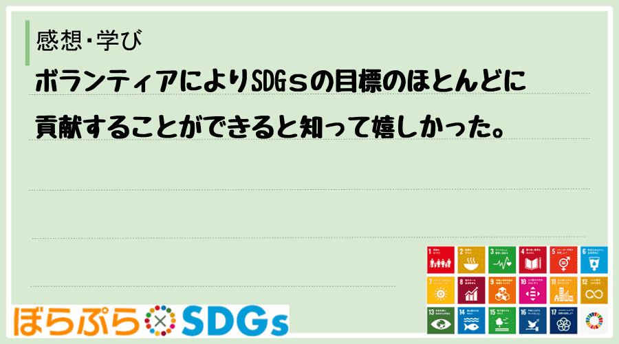 ボランティアによりSDGｓの目標のほとんどに貢献することができると知って嬉しかった。