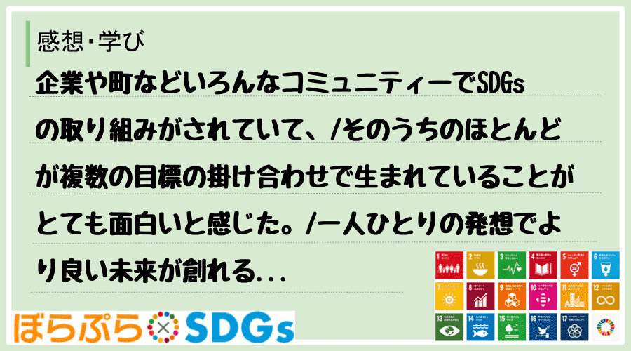 企業や町などいろんなコミュニティーでSDGsの取り組みがされていて、
そのうちのほとんどが複...