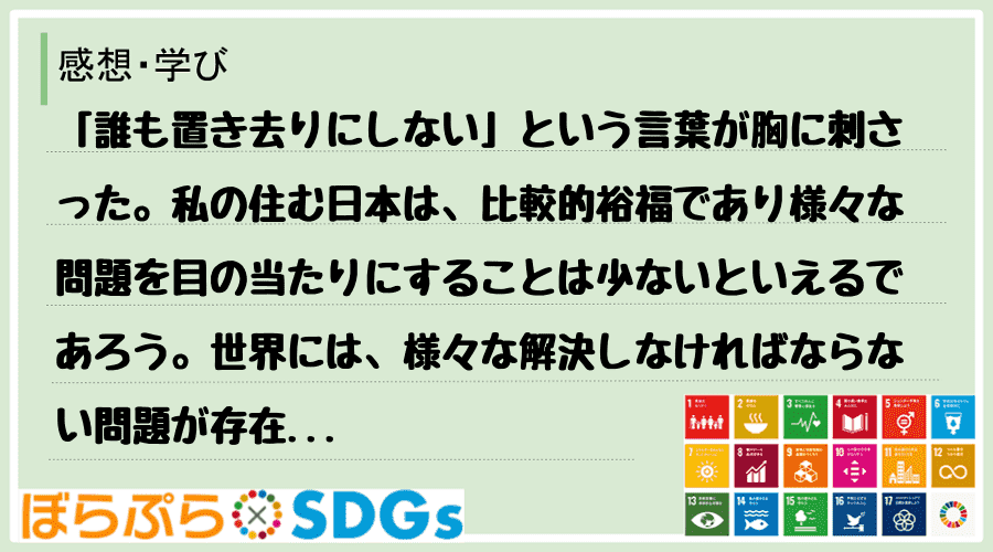 「誰も置き去りにしない」という言葉が胸に刺さった。私の住む日本は、比較的裕福であり様々な問題を...