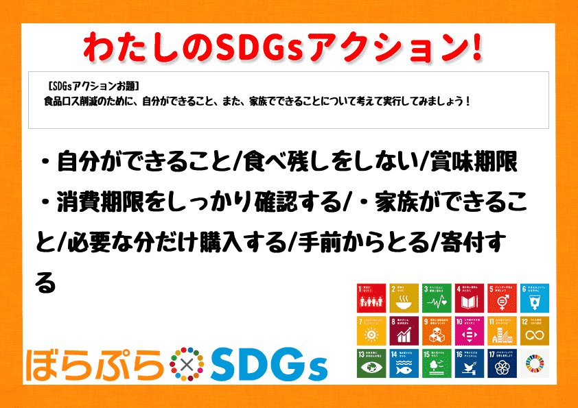 ・自分ができること
食べ残しをしない/賞味期限・消費期限をしっかり確認する
・家族ができる...