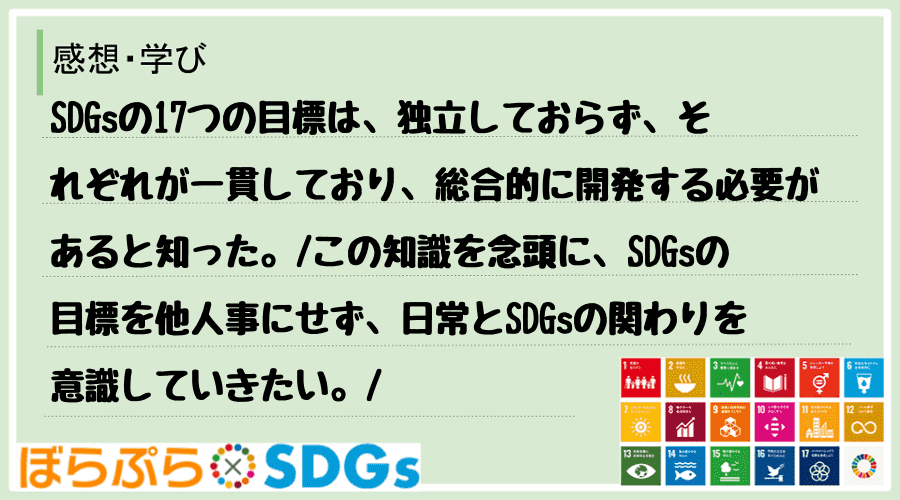 SDGsの17つの目標は、独立しておらず、それぞれが一貫しており、総合的に開発する必要があると...