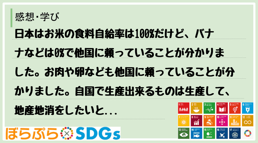 日本はお米の食料自給率は100%だけど、バナナなどは0%で他国に頼っていることが分かりました。...