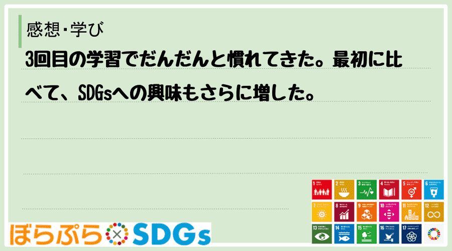 3回目の学習でだんだんと慣れてきた。最初に比べて、SDGsへの興味もさらに増した。