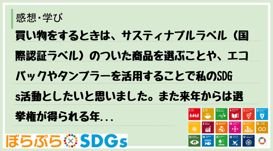 買い物をするときは、サスティナブルラベル（国際認証ラベル）のついた商品を選ぶことや、エコバック...