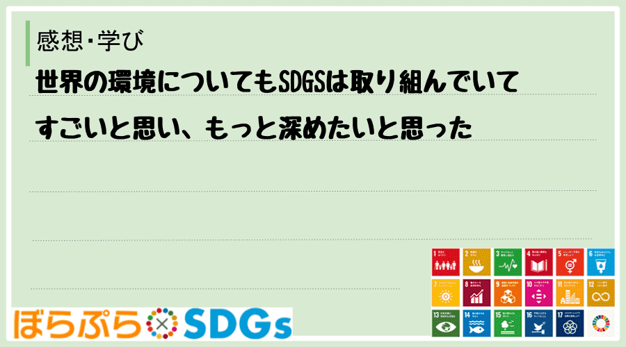 世界の環境についてもSDGSは取り組んでいてすごいと思い、もっと深めたいと思った