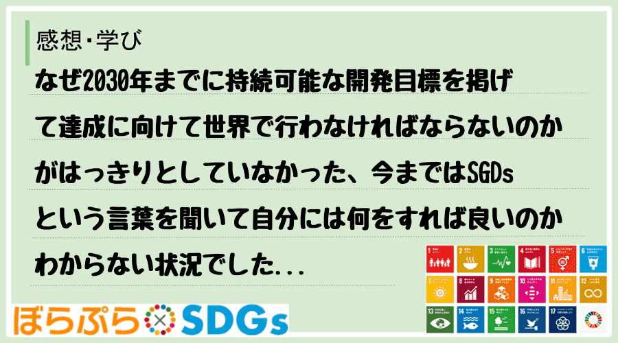 なぜ2030年までに持続可能な開発目標を掲げて達成に向けて世界で行わなければならないのかがはっ...