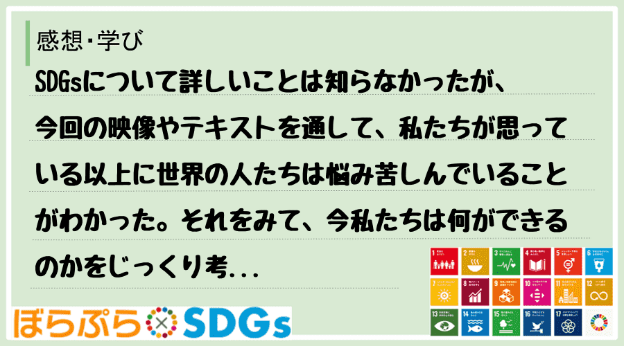 SDGsについて詳しいことは知らなかったが、今回の映像やテキストを通して、私たちが思っている以...