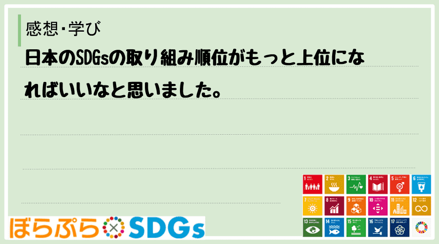 日本のSDGsの取り組み順位がもっと上位になればいいなと思いました。