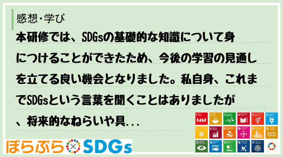 本研修では、SDGsの基礎的な知識について身につけることができたため、今後の学習の見通しを立て...