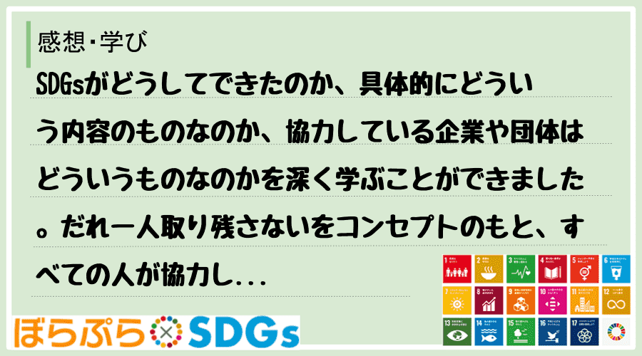 SDGsがどうしてできたのか、具体的にどういう内容のものなのか、協力している企業や団体はどうい...