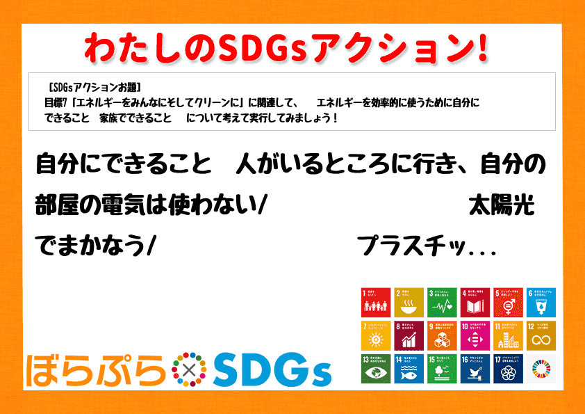 自分にできること　人がいるところに行き、自分の部屋の電気は使わない
　　　　　　　　　太陽光...