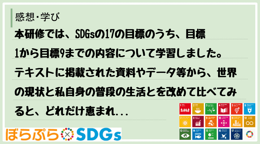 本研修では、SDGsの17の目標のうち、目標1から目標9までの内容について学習しました。テキス...